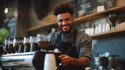 Smiling barista making a coffee at a trendy cafe