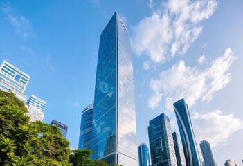 Naklejka premium Office building glass and city skyline, ai