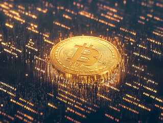 Golden Bitcoin floating in a sea of binary code, with digital rain falling around it, symbolizing the flow of data in the crypto market