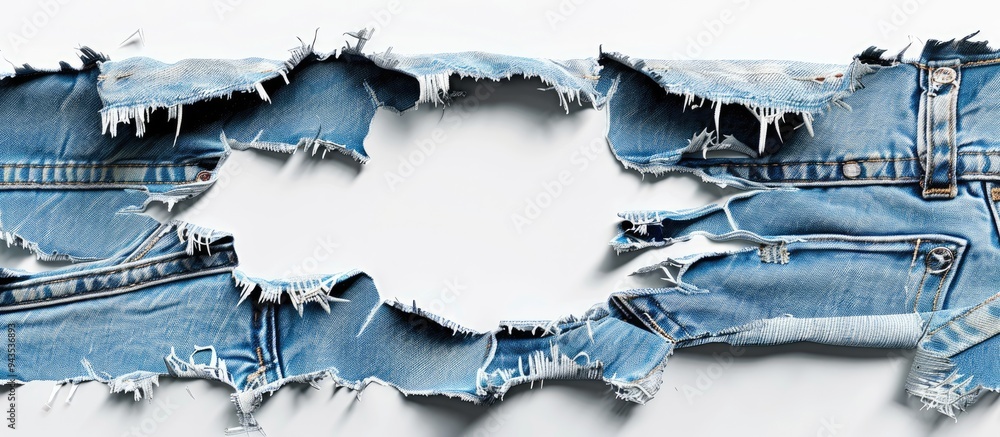 Poster ripped jeans displayed on a white background with a hole in the denim fabric ideal for a copy space 