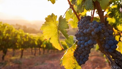 argentine malbec vine grapes in vineyard in sunset light