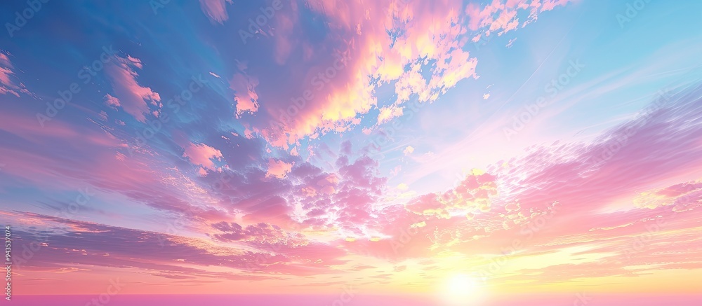 Aufkleber Scenic sunrise or sunset with gradient sunlight on a colorful romantic sky background creating a serene natural view with space for adding images. Creative banner. Copyspace image