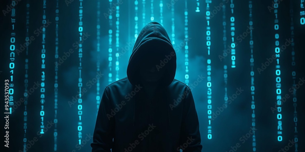 Poster cybersecurity hacker silhouette: anonymous figure amidst digital matrix code rain illustrating onlin