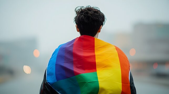Draped LGBTQ Pride Flag Symbolizing Identity and Self Expression Colorful Image of a Person with a Rainbow Flag Draped Over Their Shoulders Representing Pride Diversity and Inclusive Community