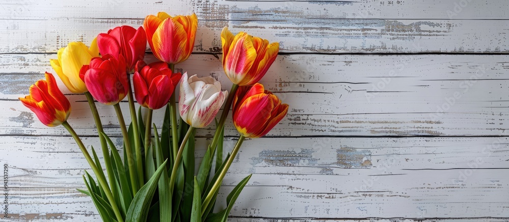 Aufkleber Vibrant tulip bunch displayed on weathered white wooden backdrop Ideal for Easter themed visuals with room for text or images. Creative banner. Copyspace image