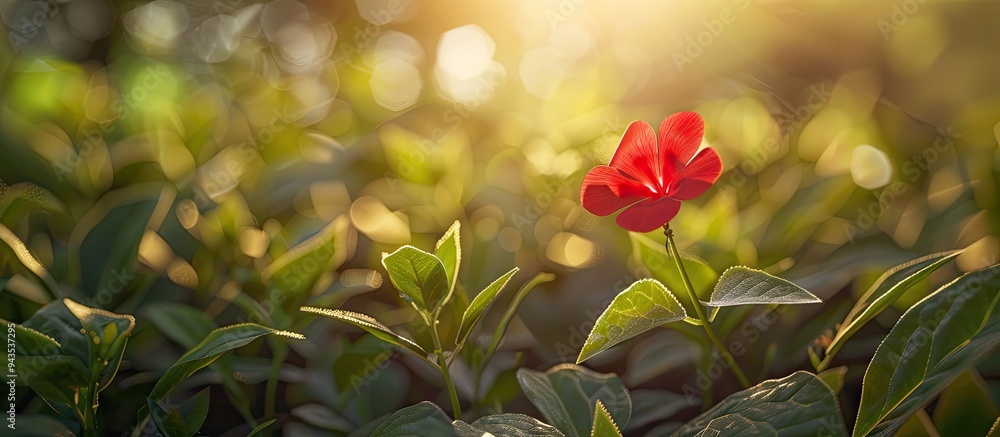 Leinwandbilder Close up of a small red flower in sunlight with a copy space image set against a backdrop of lush green plants for an eco friendly wallpaper design