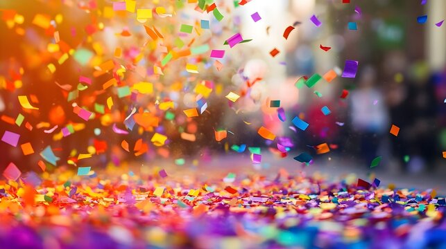 Vibrant rainbow colored confetti cascading and scattering during a cheerful and lively pride or party  The joyful and festive backdrop is perfect for events holidays and festive designs