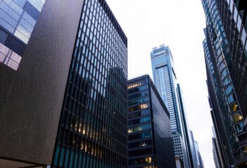 Office building glass and city skyline, ai
