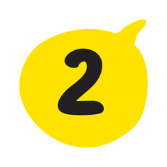 Number 2. Yellow speech bubble. Hand drawn design. Vector illustration on white background.