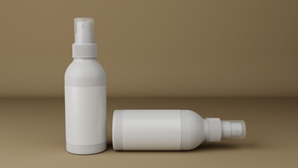 White plastic spray bottle mockup on brown background. 3D rendering