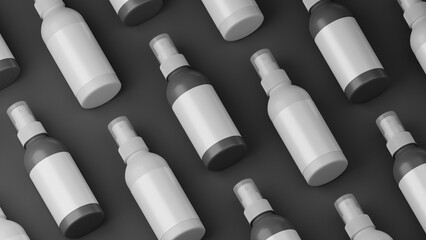 Blank white spray bottle mockup on black background. 3D rendering illustration