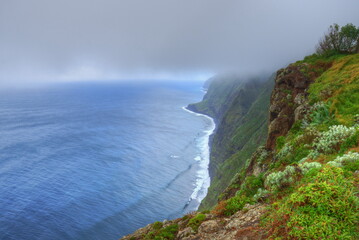 Hochnebel über Madeiras beeindruckender Nordküste mit farbenfrohen Pflanzen, der Steilküste und dem Atlantik