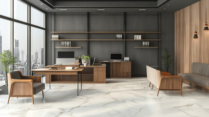 Obraz premium A 3D rendering of a vintage contemporary coworking office with gray walls, white and beige marble flooring, and wooden furniture and equipment. 