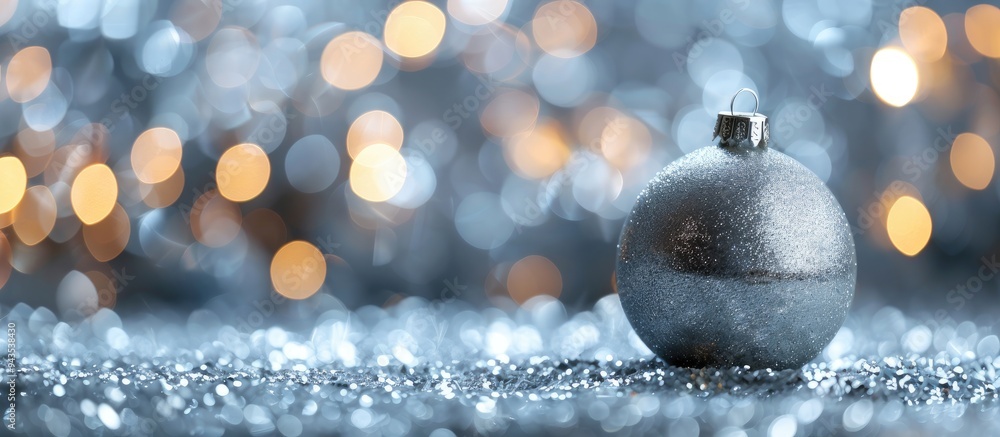 Poster Christmas bauble in silver against a blurry background with bokeh effect ideal for a banner design with copy space image