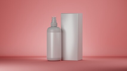 Blank white cosmetic sprey bottle mockup on pink background. 3D rendering