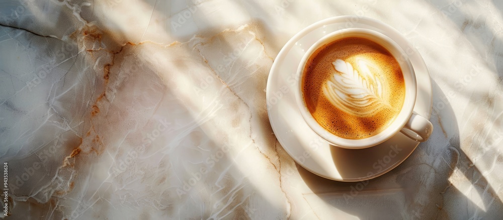Poster A flat lay image showcasing coffee in a white cup with milk served on a glossy table with ample copy space for text or design elements