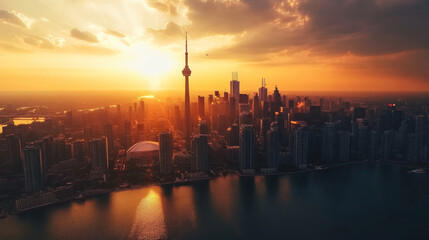 Obraz premium Stunning aerial view of a city skyline at sunset