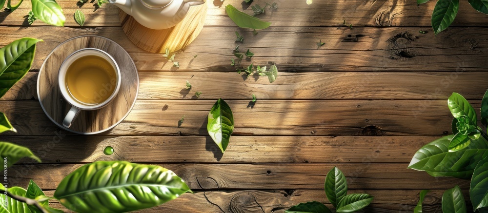 Poster Close up view of a wooden table adorned with a teacup teapot and vibrant green tea leaves ideal for adding text in the open area of the image. Creative banner. Copyspace image