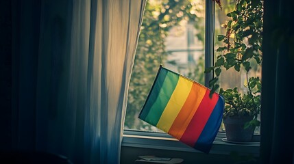 Vibrant rainbow flag displayed hanging from a window symbolizing LGBTQ visibility pride and support  This image provides space to include a positive encouraging message or statement