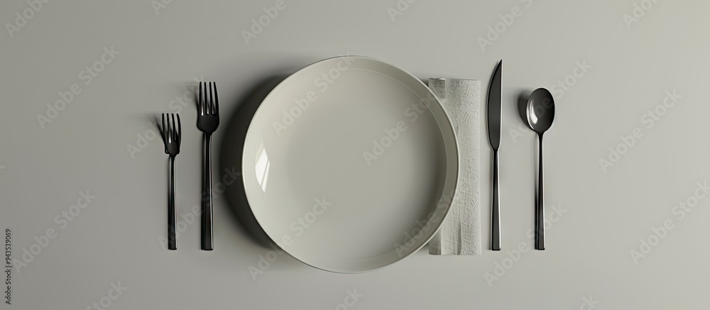 Aufkleber Table setting featuring an empty plate cutlery and napkin on a light background in a top view copy space image