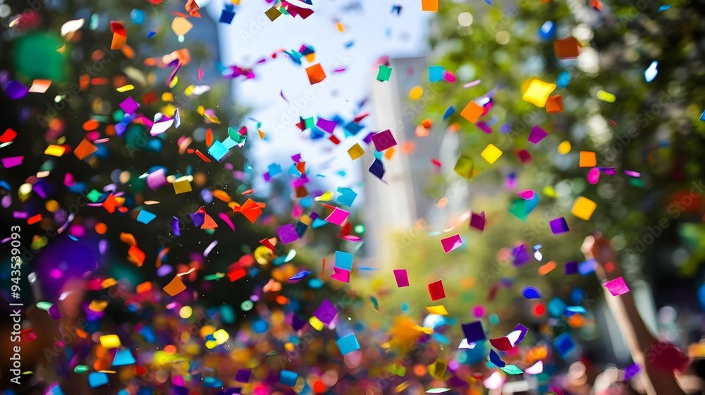 Poster Vibrant and Joyous Cascade of Rainbow Colored Confetti Falling During a Lively and Celebratory Pride Event with Ample Negative Space for Text Overlay