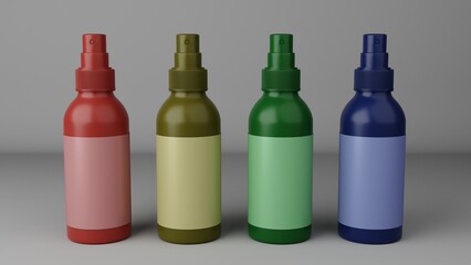 3d render of spray bottles in different colors on a grey background