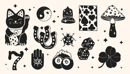 Lucky Items in Linocut Style. Trendy vector illustration.