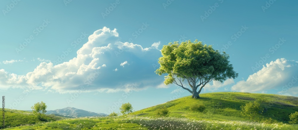 Aufkleber a picturesque landscape with a wispy long white cloud floating in a blue sky over a tree filled hill