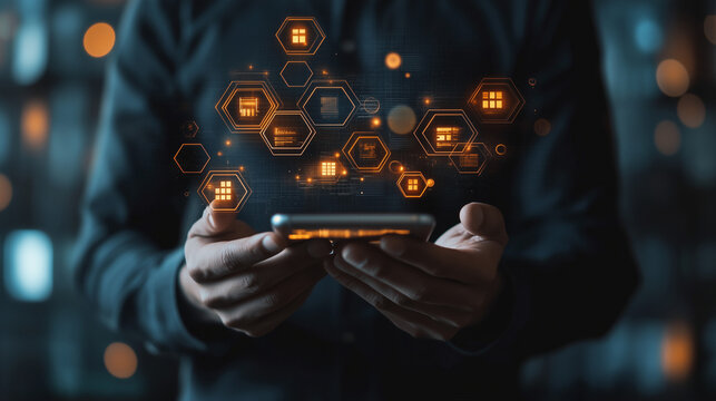 Businessman Analyzing Financial Data on Smartphone with Hexagonal Collage, Global Business Insights