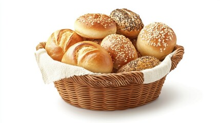 A basket of assorted bread rolls, bakery collection, realistic style, variety of textures, isolated on white background