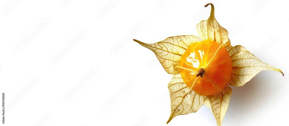 Poster a cape gooseberry or physalis is seen from above on a white background allowing for text placement i