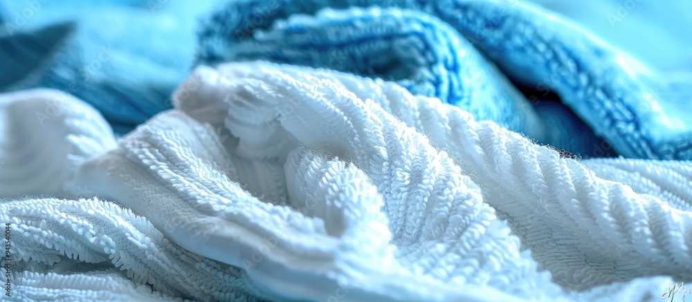 Aufkleber A stunning macro shot of white towels neatly folded on a blue beach towel background with a soft textile texture perfect for a copy space image