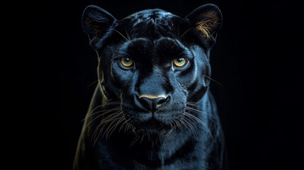 Obraz premium A black panther with yellow eyes stares at the camera