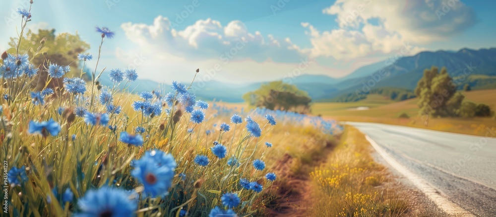 Poster cornflowers blossoming in a field next to a rural road with a scenic backdrop for a copy space image