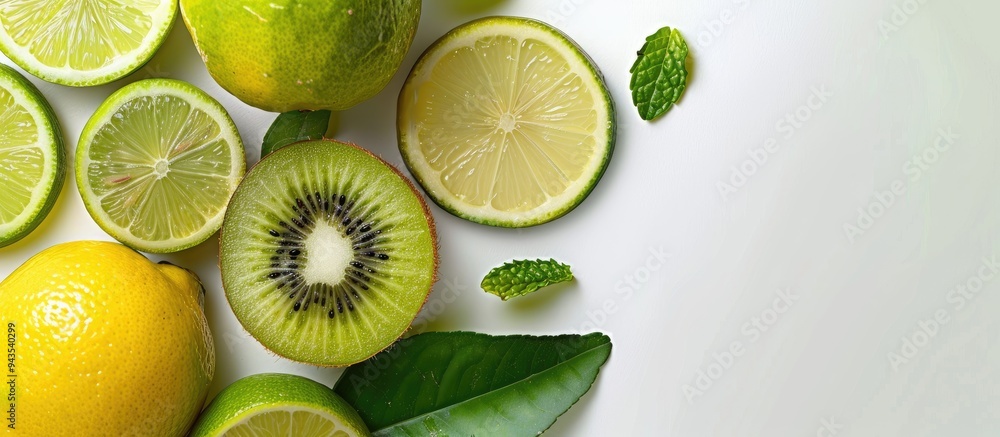 Aufkleber Kiwi and lime fruits creatively arranged with a lemon in a top down view illustrating a concept with ample copy space for text or design
