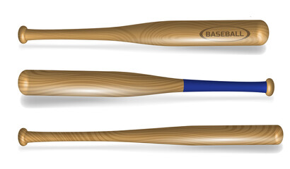 An illustration of showcasing three perspectives of a wooden baseball bat. The bat is primarily natural wood color, with one design featuring a blue grip. The image provides a detailed view

