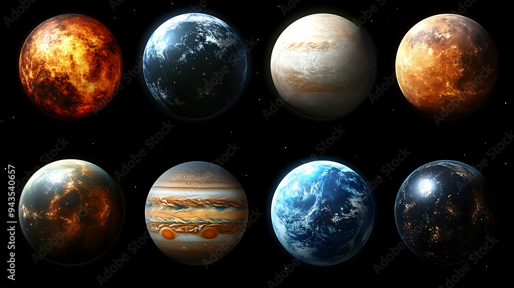 Poster a collection of eight planets in the vastness of space, each with a unique texture and color.