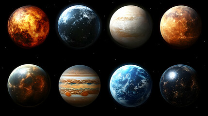 A collection of eight planets in the vastness of space, each with a unique texture and color.