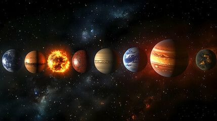 Fototapeta premium A collection of planets and a glowing sun in a dark space with scattered stars.
