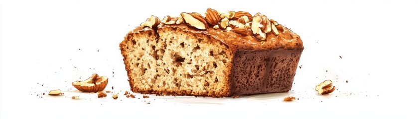A slice of banana bread with nuts, dessert element, realistic style, moist and flavorful, isolated on white background