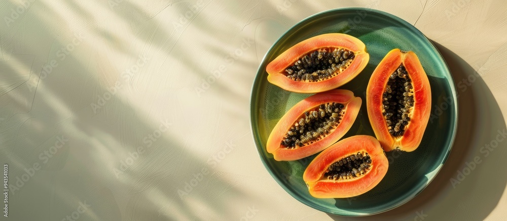 Poster freshly sliced papaya fruit on a green plate against a white backdrop with ample copy space image
