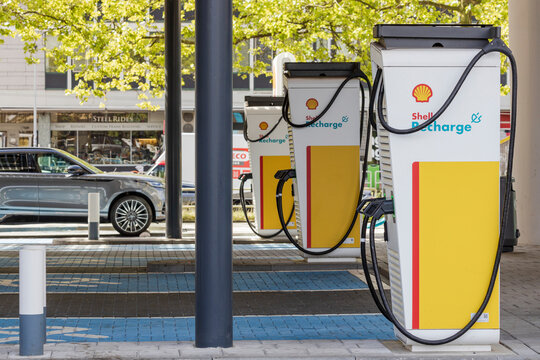 Rotterdam, Netherlands - 08-21-2024: Shell mobility hub in Rotterdam, charging station for Electric vehicles