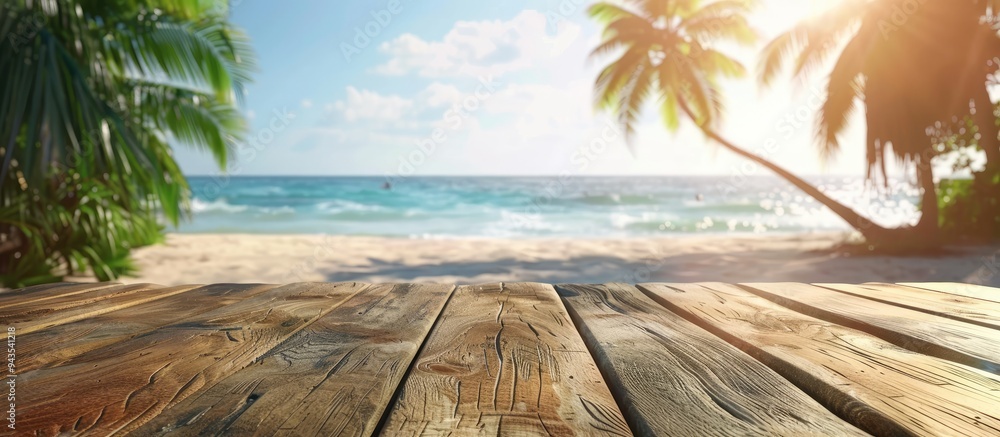 Poster Ideal for showcasing summer products a wooden table with a blurred tropical beach backdrop featuring palm trees creating a fitting copy space image