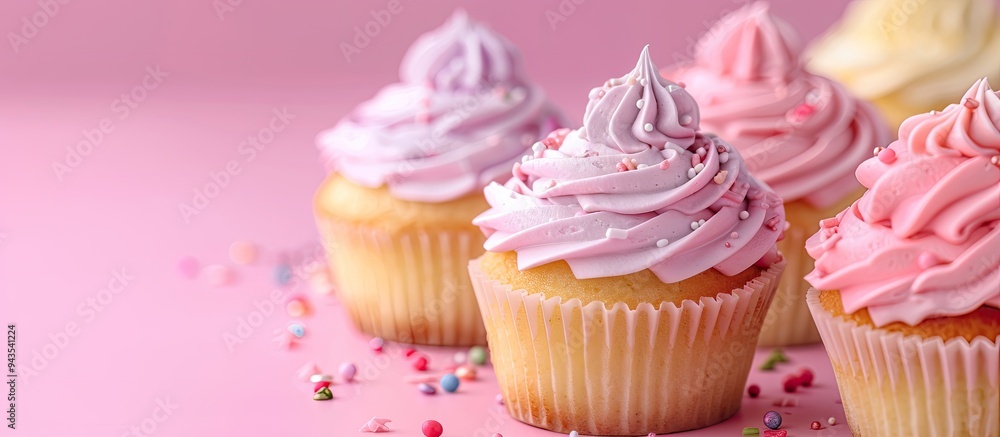 Poster cupcakes with intricate decorations on a pink backdrop perfect for a gender reveal party with copy s