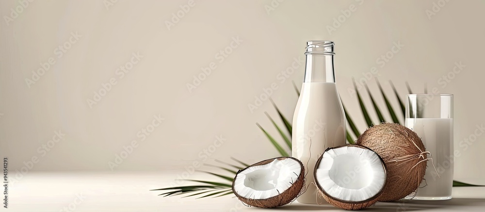 Aufkleber a bottle and a glass with coconut milk placed on a white background with space for text or images. c
