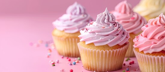 Cupcakes with intricate decorations on a pink backdrop perfect for a gender reveal party with copy space image