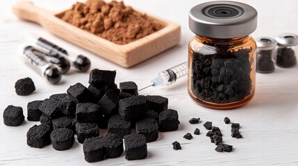 A detailed arrangement of black sugar cubes, a jar of activated charcoal, and medical supplies against a neutral background.