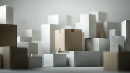 A city skyline made of cardboard boxes, representing the fast-paced world of online shopping and delivery.