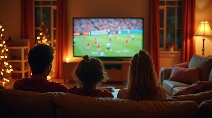 Family Soccer Viewing Party: Cozy Living Room Gathering for Exciting Football Match on Large Screen Television