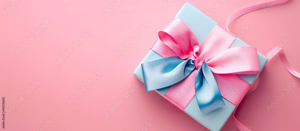 Poster a colorful bow adorns a lovely gift box set on a pink backdrop in a top down view providing ample sp